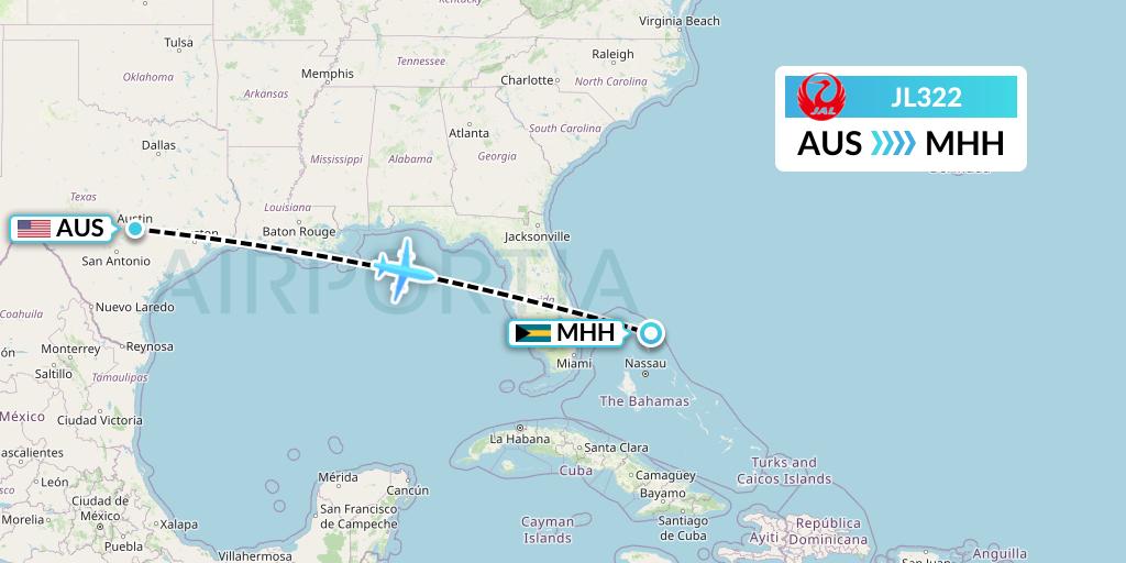 JL322 Japan Airlines Flight Map: Austin to Marsh Harbour