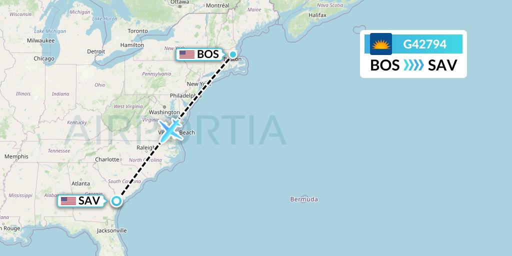 G42794 Allegiant Air Flight Map: Boston to Savannah