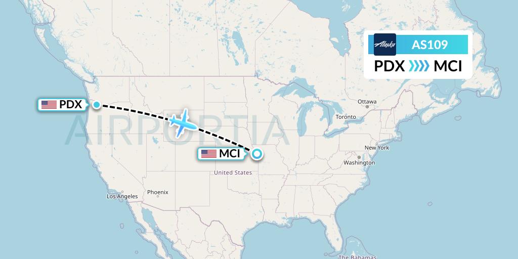 AS109 Alaska Airlines Flight Map: Portland to Kansas City