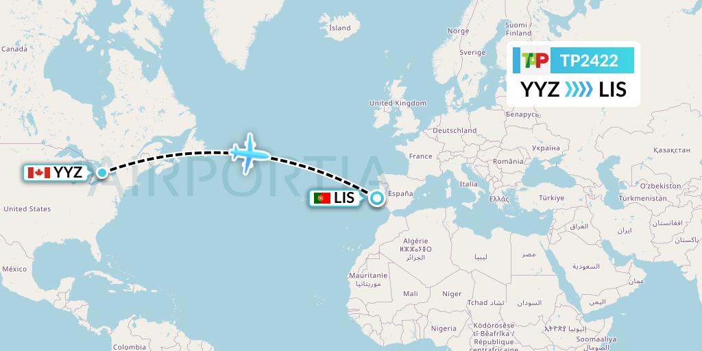 TP2422 TAP Portugal Flight Map: Toronto to Lisbon