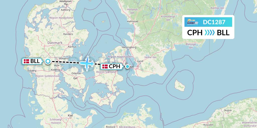 DC1287 Braathens Regional Flight Map: Copenhagen to Billund