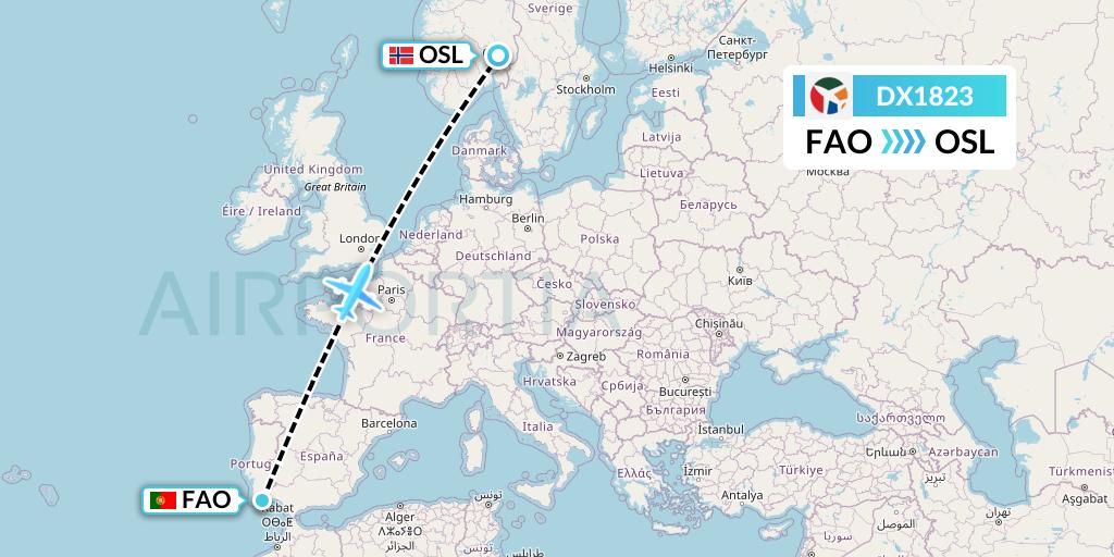 DX1823 Danish Air Transport Flight Map: Faro to Oslo