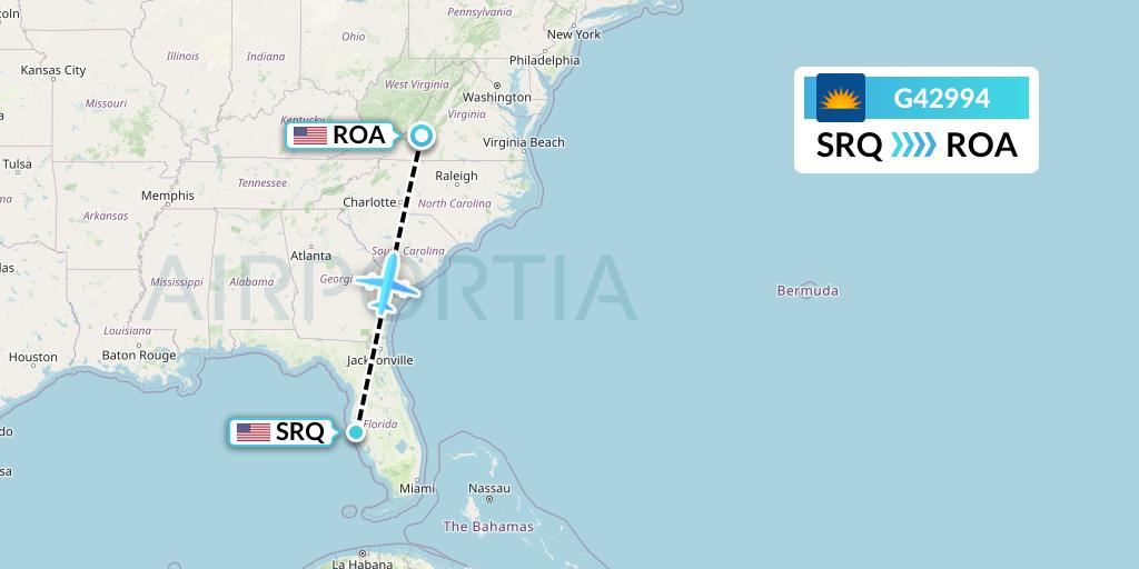 G42994 Allegiant Air Flight Map: Sarasota to Roanoke