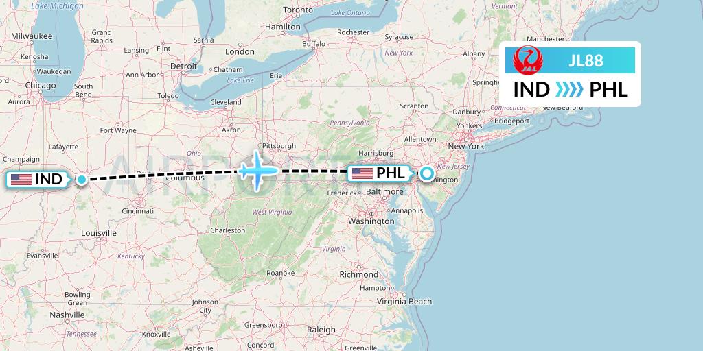 JL88 Japan Airlines Flight Map: Indianapolis to Philadelphia