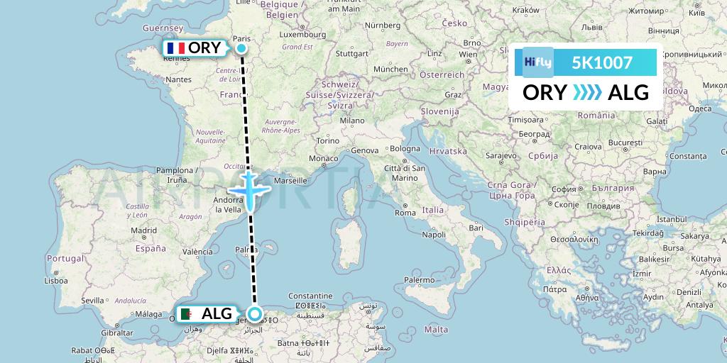 5K1007 Hi Fly Flight Map: Paris to Algiers