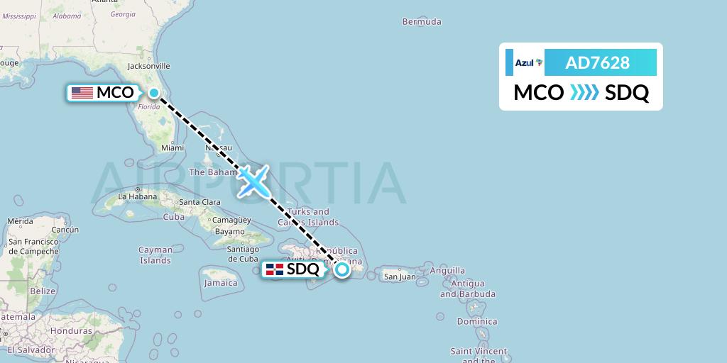 AD7628 Azul Brazilian Airlines Flight Map: Orlando to Santo Domingo