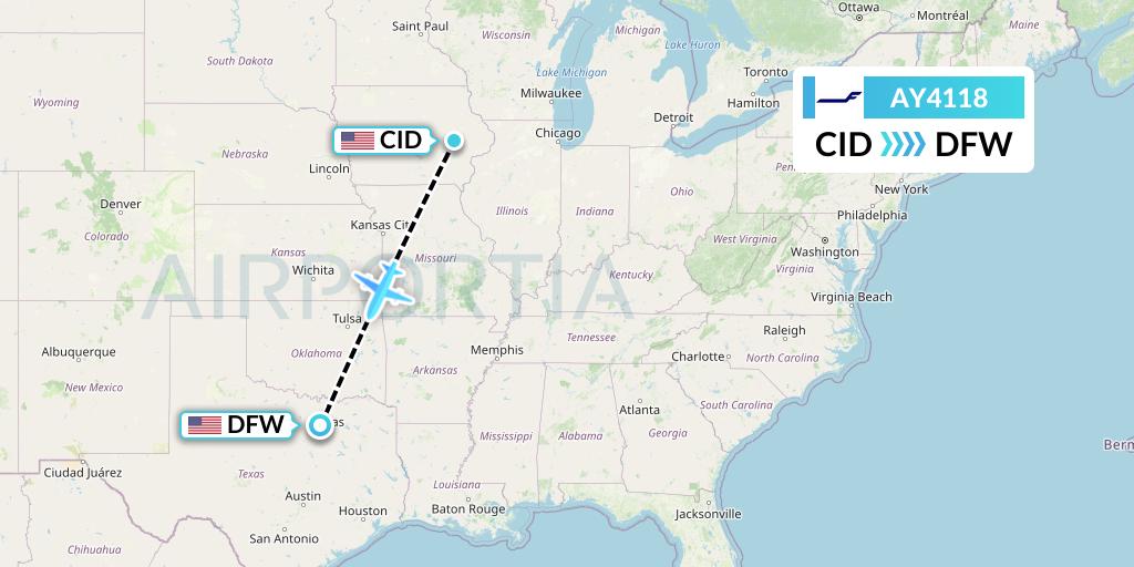 AY4118 Finnair Flight Map: Cedar Rapids to Dallas