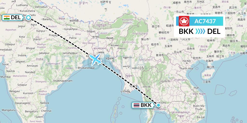 AC7437 Air Canada Flight Map: Bangkok to Delhi
