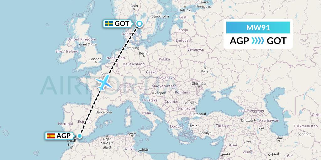 MW91 Mokulele Flight Service Flight Map: Malaga to Gothenburg