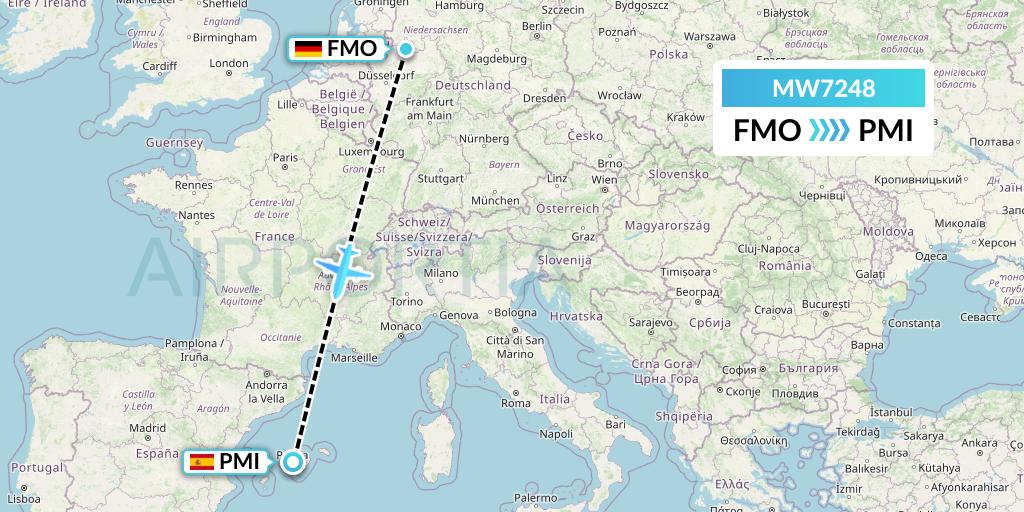 MW7248 Mokulele Flight Service Flight Map: Munster to Palma de Mallorca