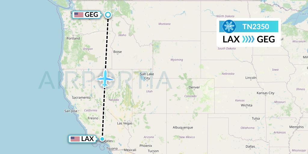 TN2350 Air Tahiti Nui Flight Map: Los Angeles to Spokane