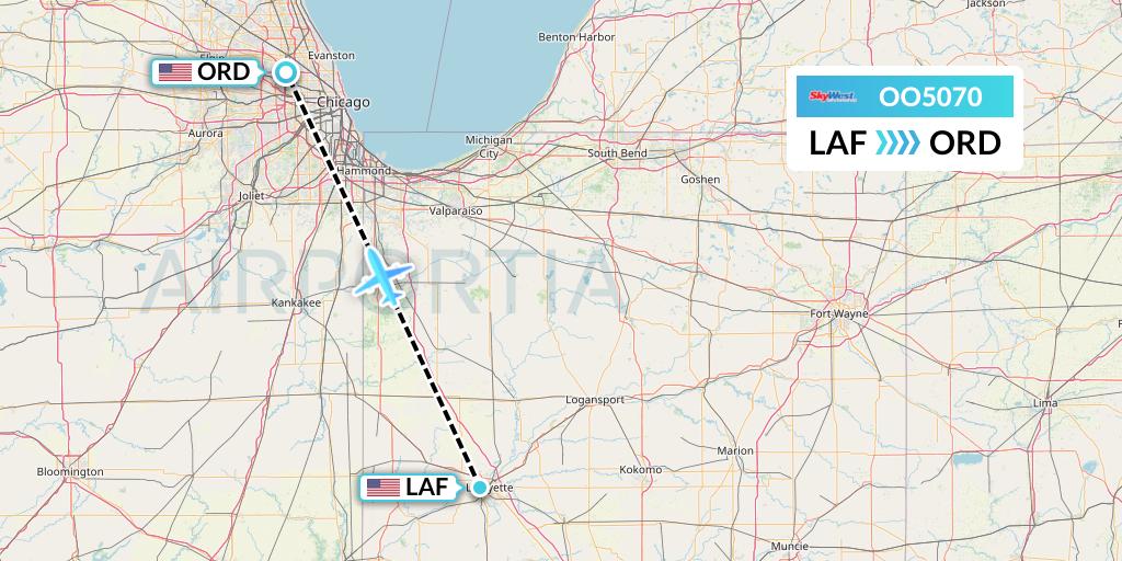 OO5070 SkyWest Airlines Flight Map: Lafayette to Chicago