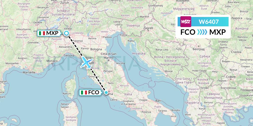 W6407 Wizz Air Flight Map: Rome to Milan