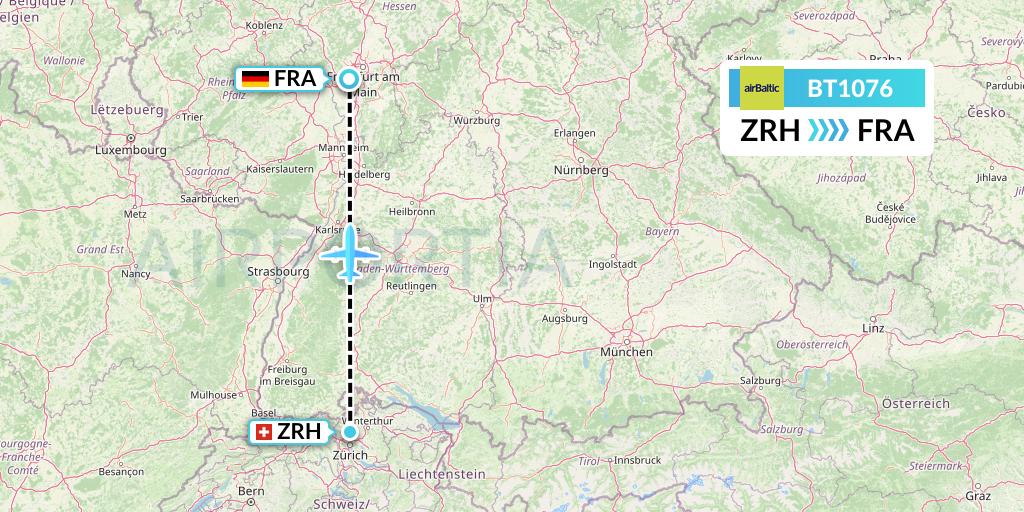 BT1076 Air Baltic Flight Map: Zurich to Frankfurt