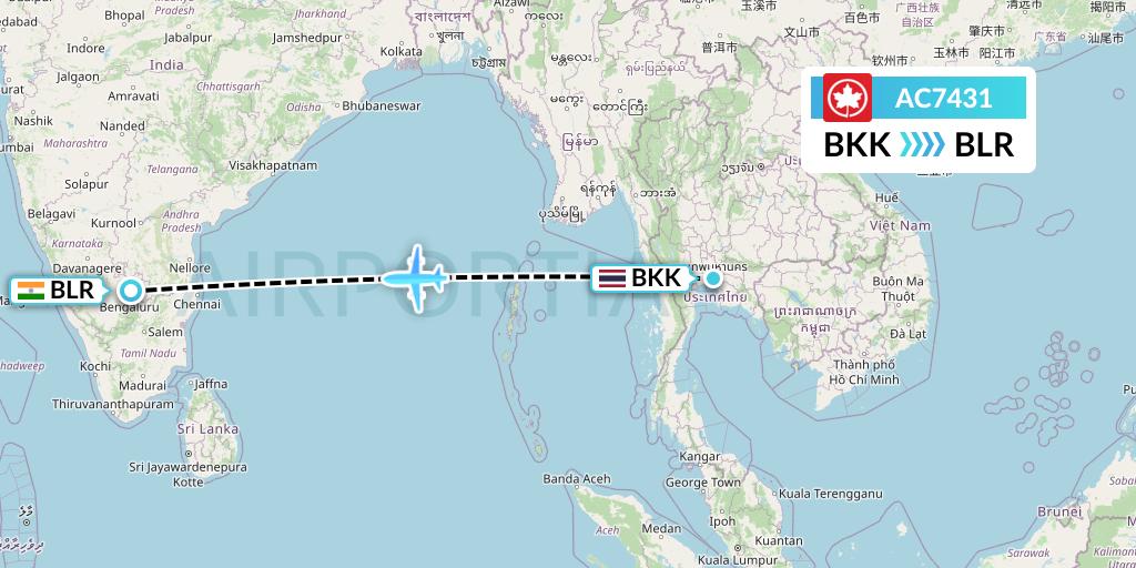 AC7431 Air Canada Flight Map: Bangkok to Bangalore