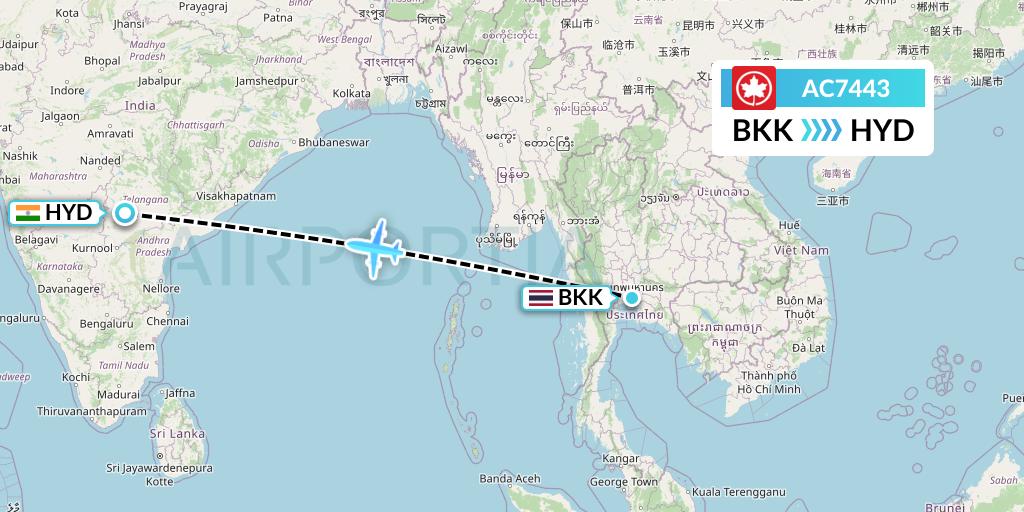 AC7443 Air Canada Flight Map: Bangkok to Hyderabad