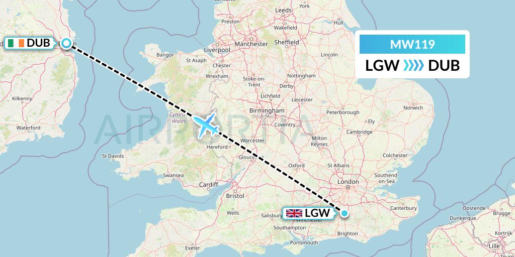 MW119 Mokulele Flight Service Flight Map: London to Dublin