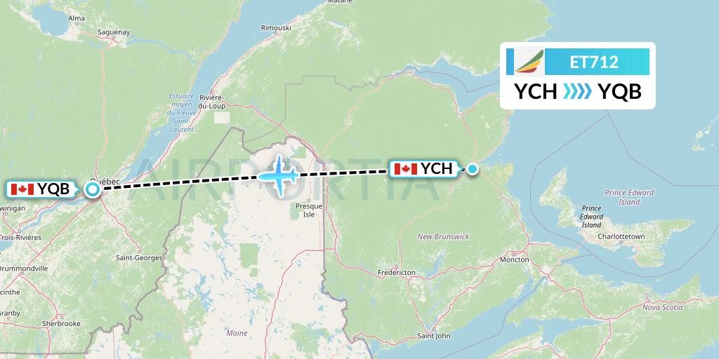ET712 Ethiopian Airlines Flight Map: Miramichi to Quebec