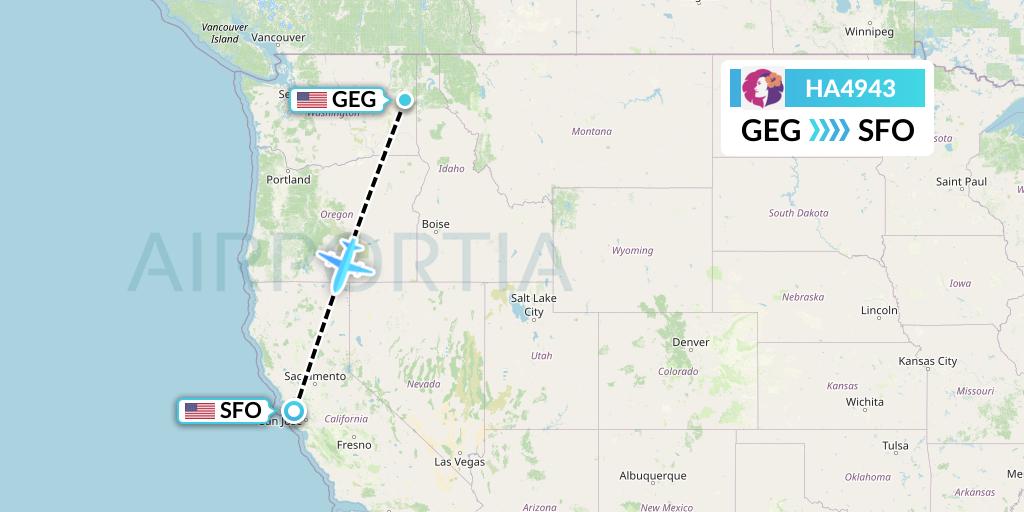 HA4943 Hawaiian Airlines Flight Map: Spokane to San Francisco