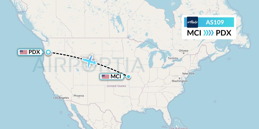 AS109 Alaska Airlines Flight Map: Kansas City to Portland