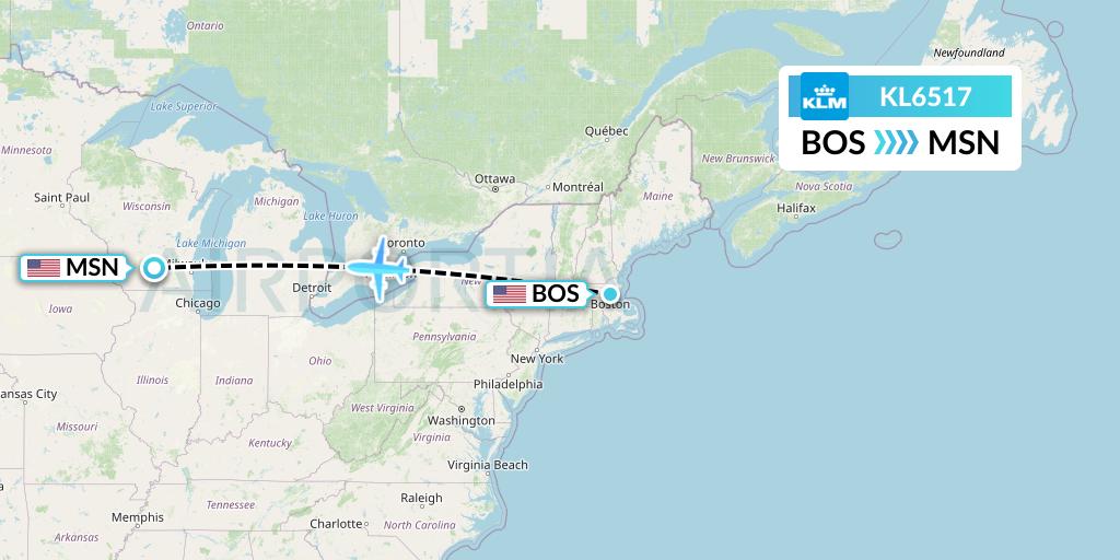 KL6517 KLM Flight Map: Boston to Madison
