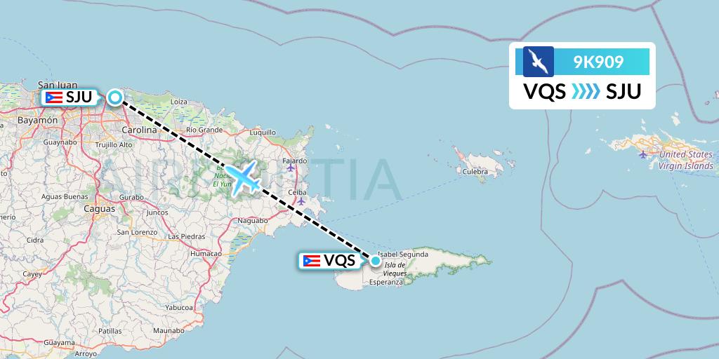 9K909 Cape Air Flight Map: Vieques to San Juan