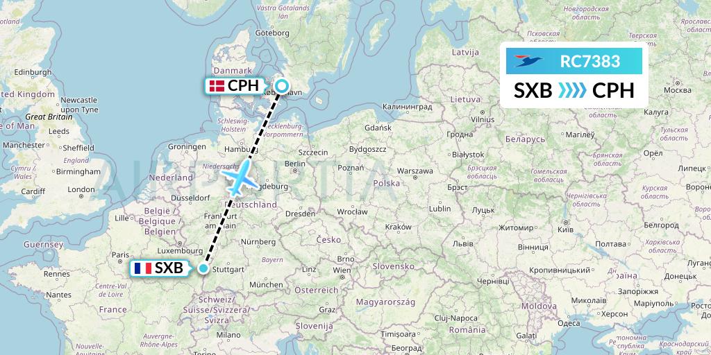 RC7383 Atlantic Airways Flight Map: Strasbourg to Copenhagen