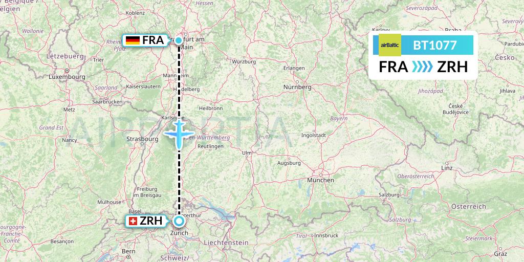 BT1077 Air Baltic Flight Map: Frankfurt to Zurich
