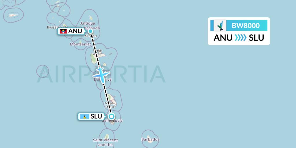 BW8000 Caribbean Airlines Flight Map: Antigua to Castries