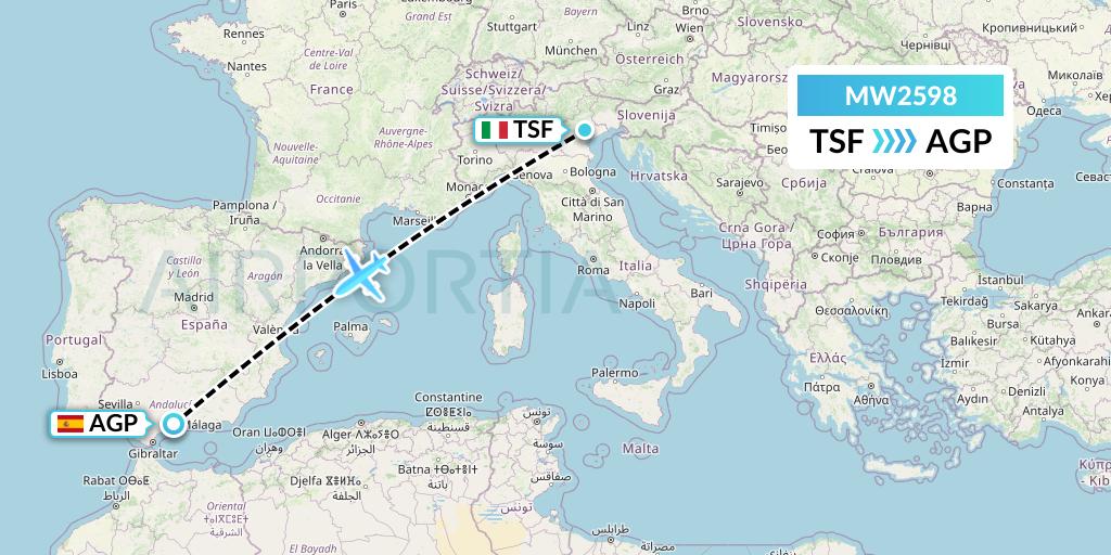 MW2598 Mokulele Flight Service Flight Map: Treviso to Malaga