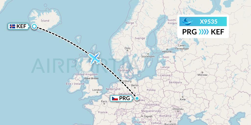 X9535 Avion Express Flight Map: Prague to Reykjavik