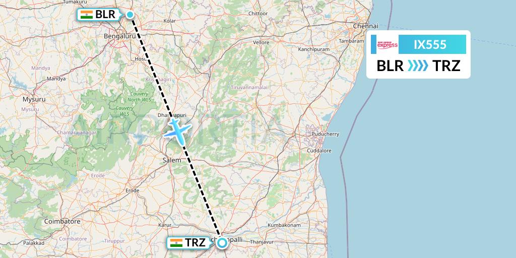 IX555 Air India Express Flight Map: Bangalore to Tiruchirapalli