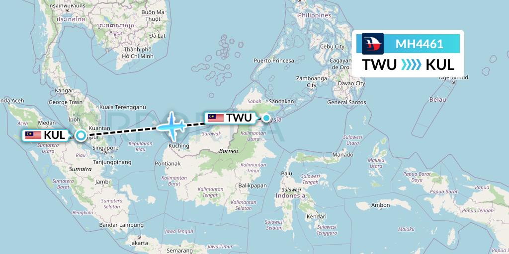 MH4461 Malaysia Airlines Flight Map: Tawau to Kuala Lumpur