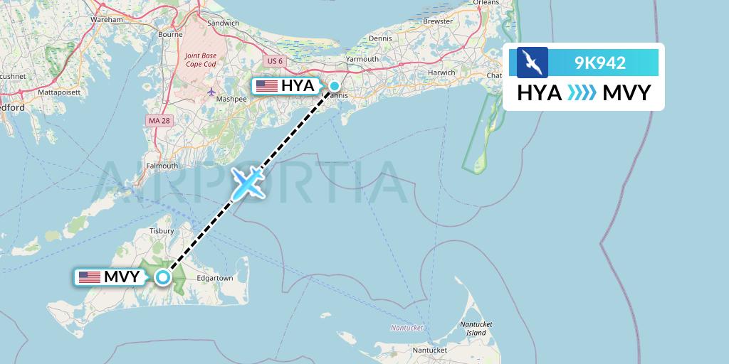 9K942 Cape Air Flight Map: Hyannis to Martha's Vineyard