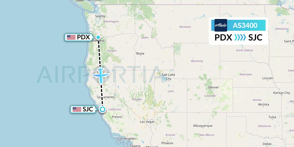 AS3400 Alaska Airlines Flight Map: Portland to San Jose