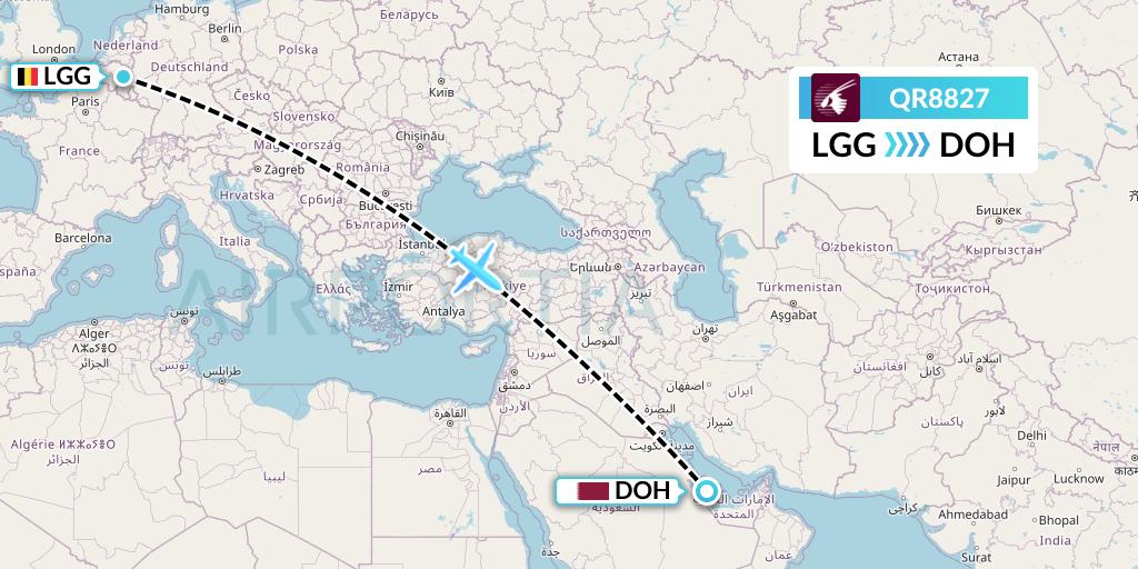 QR8827 Qatar Airways Flight Map: Liege to Doha