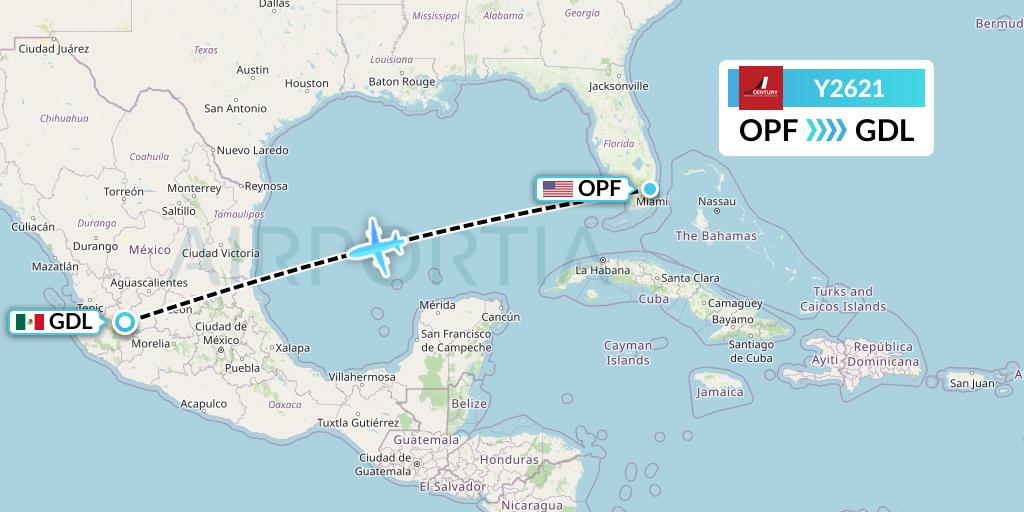 Y2621 Air Century Flight Map: Miami to Guadalajara