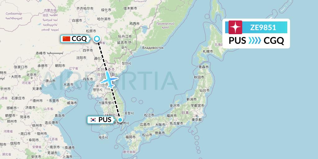 ZE9851 Eastar Jet Flight Map: Busan to Changchun