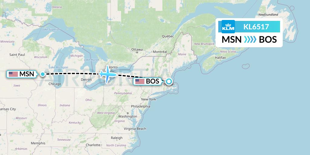 KL6517 KLM Flight Map: Madison to Boston