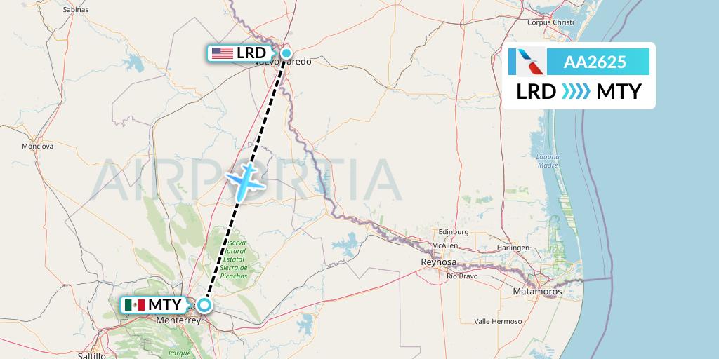 AA2625 American Airlines Flight Map: Laredo to Monterrey