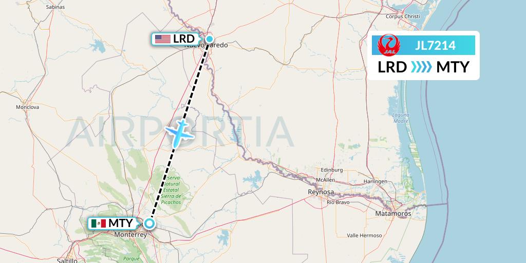 JL7214 Japan Airlines Flight Map: Laredo to Monterrey