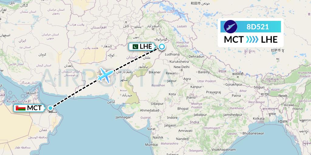 8D521 FitsAir Flight Map: Muscat to Lahore