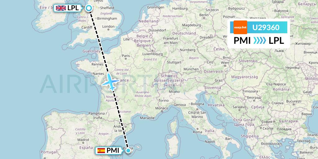 U29360 EasyJet Flight Map: Palma de Mallorca to Liverpool