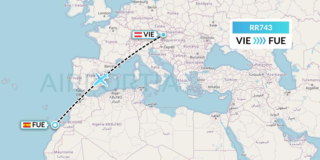 RR743 Royal Air Force Flight Map: Vienna to Fuerteventura
