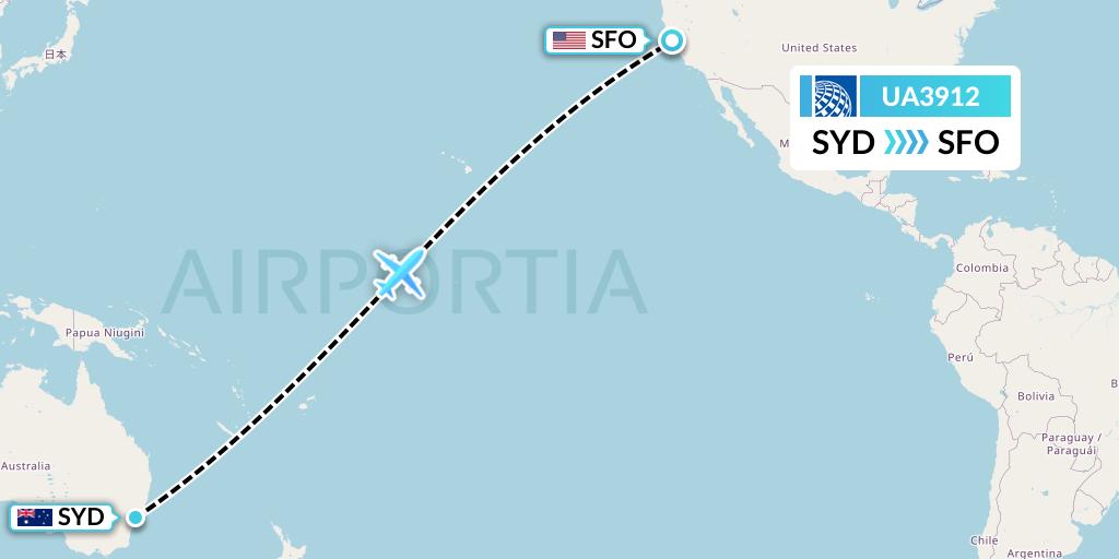 UA3912 United Airlines Flight Map: Sydney to San Francisco
