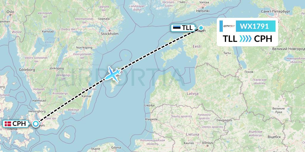 WX1791 Cityjet Flight Map: Tallinn to Copenhagen