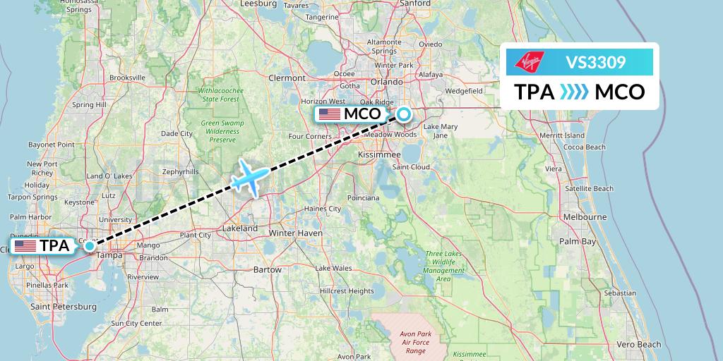 VS3309 Virgin Atlantic Airways Flight Map: Tampa to Orlando