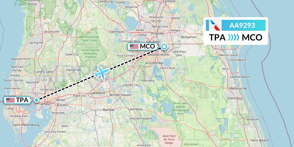 AA9293 American Airlines Flight Map: Tampa to Orlando