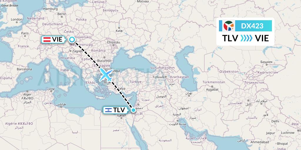DX423 Danish Air Transport Flight Map: Tel Aviv to Vienna