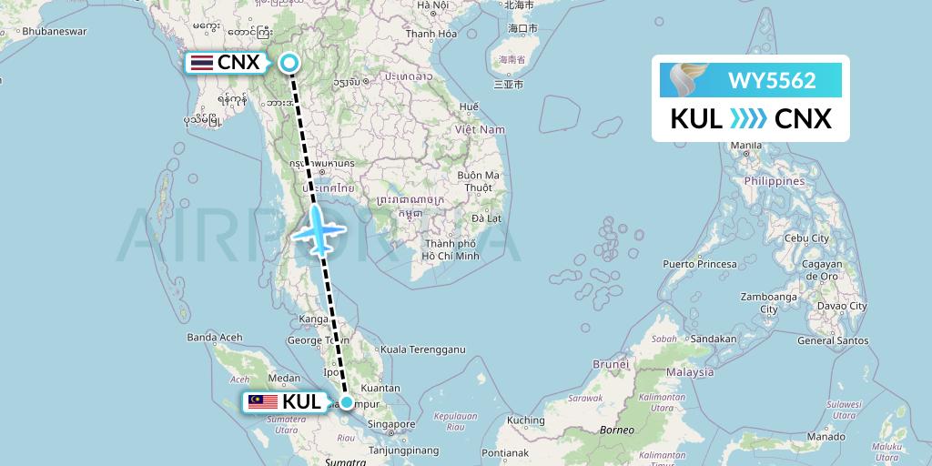 WY5562 Oman Air Flight Map: Kuala Lumpur to Chiang Mai